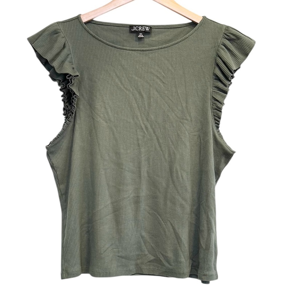 🌈 6/$60, JCrew Ruffled Sleeveless, Ribbed, Olive Green, Size XXL
